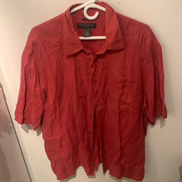 Excellent Banana Republic Coral Orange 100% Irish Linen Short Sleeve Button Up - Picture 3 of 7